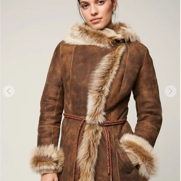 Overland Natasha Hooded Toscana Sheepskin Brown Leather and Fur Coat Small - Picture 6 of 11